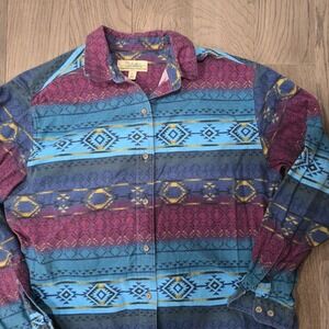 Cabelas Southwestern Aztec Print Long Sleeve Flannel Shirt Blue Mens Large